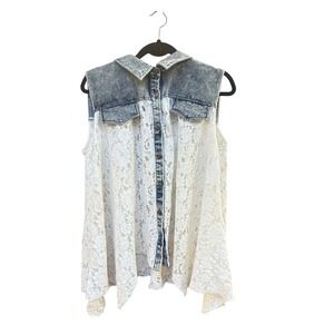 ODDI Acid Wash Denim and Floral Lace Sleeveless Button Down Top 1XL Boho